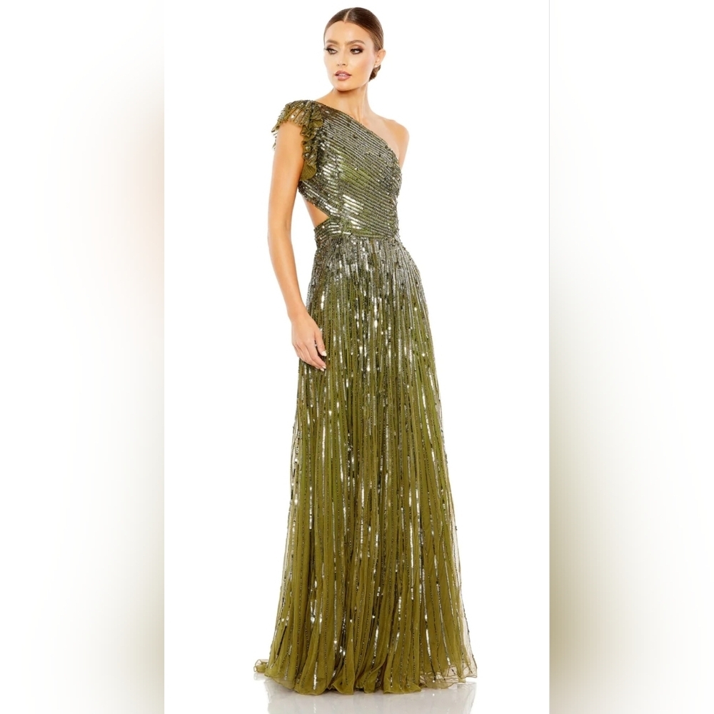 Mac Duggal Olive Green One-Shoulder Gown